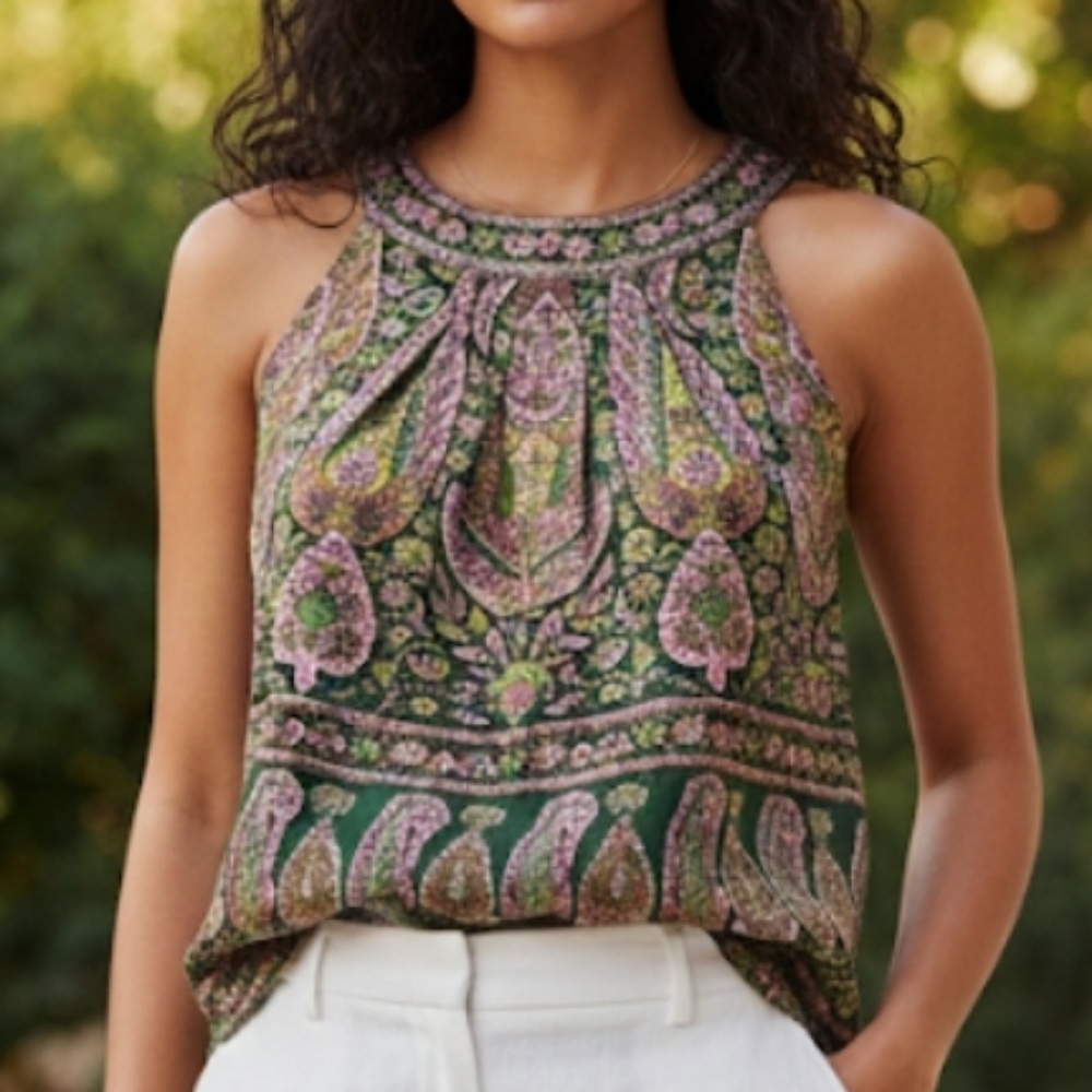 CHELSEA & THEODORE Paisley Sleeveless Blouse Pink Green Boho Print Small NWT